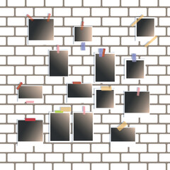 realistic modern photo frames glued on tape. Tapped on photo mock up design. Grunge brick background. Vector illustration