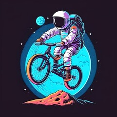 Astronaut Riding Bmx 2D Illustrated Illustration Artwork With Moon Isolated Light Color Design