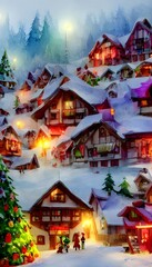 Obraz premium The Santa Claus village is a hustling and bustling place. There are elves all around, busy making toys and packing up presents. The air is filled with the smell of gingerbread cookies and hot cocoa. I
