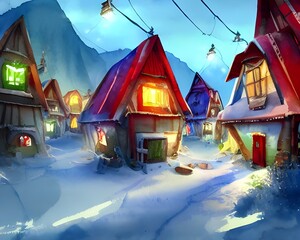 The sun is shining over the village and the snow is glistening. Santa Claus is standing in front of his workshop, surrounded by elves who are busy preparing for Christmas.