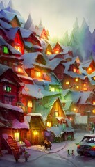 Fototapeta premium In the picture, there is a village with houses made of gingerbread and candy. The rooftops are dusted with snow and there are trees decorated with lights and ornaments. In the center of the village is