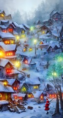 In the picture, there is a village made entirely out of snow and ice. The houses are all different sizes and shapes, and some have Smokey stacks coming out of their roofs. There are alsozygotes bulbou