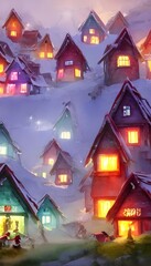 Fototapeta na wymiar In the picture, there is a village with houses made of candy and gingerbread. The roofs are lined with snow and there are Christmas lights everywhere. Santa Claus is in his workshop, making toys for a