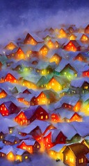 There is a village made entirely of gingerbread houses, with candy canes for trees and marshmallow snow on the ground. In the center of the village is a big clock tower, and Santa Claus himself is lea - obrazy, fototapety, plakaty