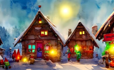 Fototapeta premium I see a group of gingerbread houses that are decorated with candy canes, gumdrops, and frosting. There is a big sled in the center of the village with presents piled high. Reindeer are pulling the sle