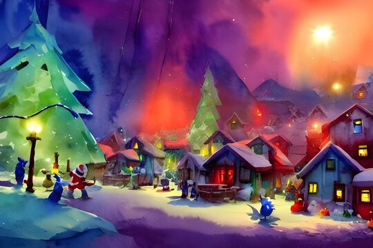 In the picture, there is a village with houses made of candy and gingerbread. The roofs are covered in snow and there are CHRISTmas lights everywhere. In the center of the town square, there is a HUGE