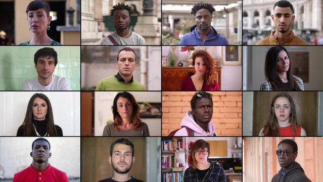 Multiscreen of young people of different ethnicities looking seriously at the ca