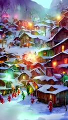 The elves are busy preparing for Christmas as Santa Claus checks his list. The reindeer are grazing in the snow-covered field nearby. The village is decorated with lights and wreaths.