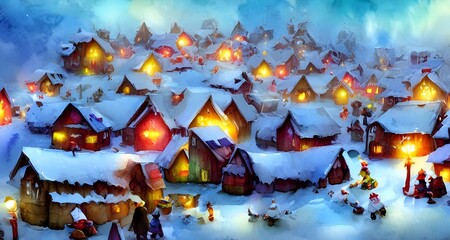 In the Santa Claus village, there are many different buildings and activities going on. The main focus of this picture isSanta's workshop where elves are busy making presents. In the background, you c