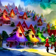 The sun is shining brightly on the red and white candy-cane like houses. Brightly lit Christmas trees can be seen in front of some of the homes, while others have reindeer grazing peacefully nearby. P - obrazy, fototapety, plakaty