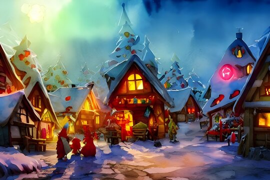 The sun is shining down on the "Santa Claus village" in the North Pole. The elves are busy making toys and getting ready for Christmas. Santa is in his workshop, checking his list to see who's been na