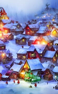In the picture, there is a village with houses made of gingerbread and candy. The roofs are lined with snow and there are trees around the perimeter of the village. In the center of the village, there