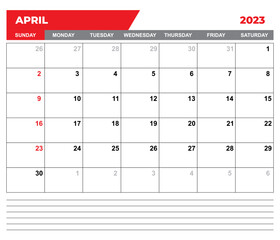 April 2023 Calendar. April 2023 Calendar Vector Illustration. Wall Desk Calendar Vector Template, Simple Minimal Design. Wall Calendar Template For April 2023.