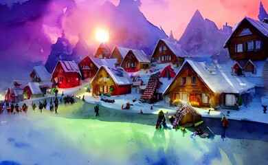 It's a festive scene: Santa Claus is surrounded by his elves, all busy at work in Santa's workshop. The reindeer are grazing nearby, and the snow is falling gently on the village. It looks like Christ