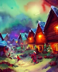 It's a chilly winter night and the snow is falling gently down from the sky. The lights in Santa Claus village twinkle brightly, making it look like a magical place. The Christmas trees are covered in