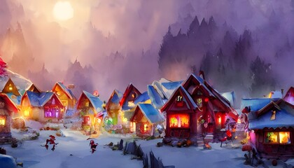 In Santa Claus village, there are lots of red and white buildings with pointy roofs. There are people walking around in winter clothes, and some reindeer pulling a sled. The snow is falling gently on 