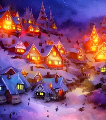 Fototapeta na wymiar I am looking at a picturesque scene of Santa Claus village. The buildings are all traditional log cabin style, with snow piled high on the roofs and smoke coming from the chimneys. There is a large ce