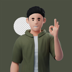 Cute 3d character man okay gesture, accept work