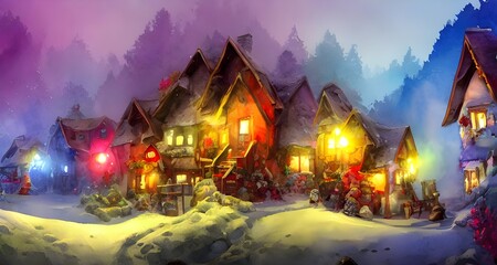 The children are excitedly running around the snow-covered village, laughing and playing games. The air is filled with the smell of fresh pine needles and hot cocoa. In the center of the village there