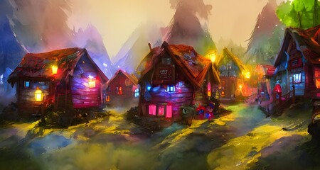 Obraz premium In Santa Claus village, there are many small shops and homes. The roofs of the buildings are covered in snow, and there is a large Christmas tree in the center of town. Lights twinkle everywhere, and 