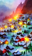 In Santa Claus village, the snow is freshly fallen and soft. The air is cold and crisp. The red and white buildings are decorated with wreaths and garlands. Children are playing in the streets, laughi