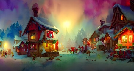 The sun is shining over the red and white roofed buildings in Santa Claus village. Children are running around on the snow covered ground, laughing and playing games. In the center of the village ther