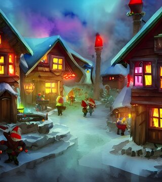 In the picture, there is a village with houses made of gingerbread and candy. The roofs are lined with icing and snowflakes fall gently from the sky. In the center of the village is a large Christmas 