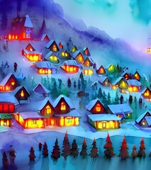 Fototapeta na wymiar In the picture, there is a village with houses made of candy and gingerbread. The roofs are covered in snow, and lights line the streets. In the center of the village is a large Christmas tree. Santa 