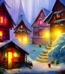In Santa Claus village, there are toy shops and bakeries lining the streets. Christmas lights hang overhead, and a light dusting of snow covers the ground. In the center of town is a large christmas t