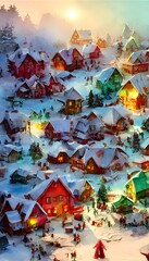 The snow is falling gently on the rooftops and icicles of Santa Claus village. The houses are all different shades of red, green and white, with smoke curling out of their chimneys. The Christmas ligh