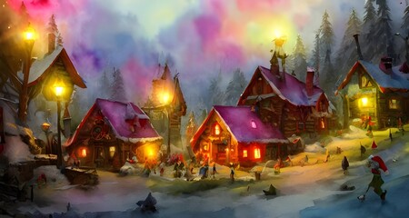 A picture of a snow-covered village with small cottages and shops, populated by little people in red suits. In the center of the village is a large workshop where elves are busy making toys.