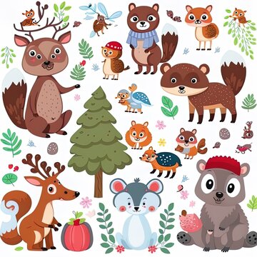 cartoon style with forest animals and nature on a white background 2d illustrated illustration for nursery and textile decoration