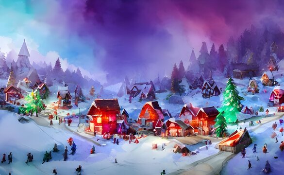 In the distance is a big, red wooden structure with a white sign that reads "Santa Claus village". There are lights hanging from the eaves and projected onto the snow around it. Closer to the camera t