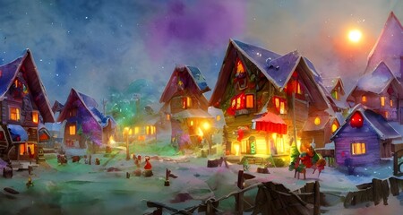 It's a snowy scene with charming little houses and playful elves. In the center is a big red workshop where Santa is busy making toys.