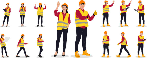 Hand-drawn set of male and female workers with helmets and vests. Workers in different poses. Vector flat style illustration isolated on white. Full length view
