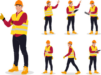 Hand-drawn set of male construction workers with helmets and vests. Vector flat style illustration isolated on white. Full length view