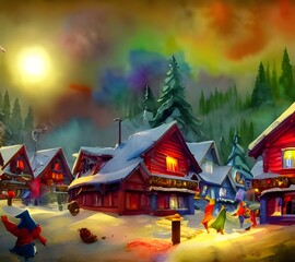 In the center of the village is a large, red and white striped North Pole with a tall chimney. All around it are colorful houses made of gingerbread and candy. Trees line the streets, their branches l