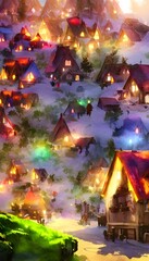 The snow is gently falling and the Christmas lights are twinkling. The houses in Santa Claus village are all different colors, with smoke coming out of their chimneys. There is a big red mailbox in fr