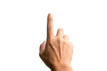 Fototapeta Male hand with index finger pointing up. White background. obraz