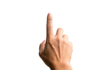 Male hand with index finger pointing up. White background.