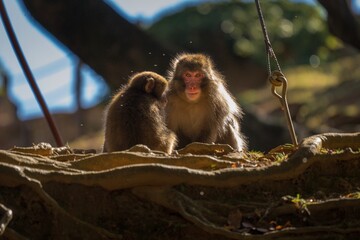 This image shows two wild macaque monkey sitting together with flies swarming around them.