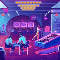 2d illustrated game room with people playing digital entertainment, modern esports concept
