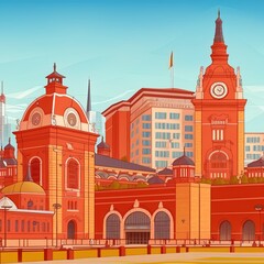 Obraz premium Red orange and yellow buildings at the international exposition in the city of zaragoza