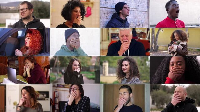 A multiscreen display captures nine individuals, both men and women, in the contagious act of yawning, symbolizing universal fatigue
