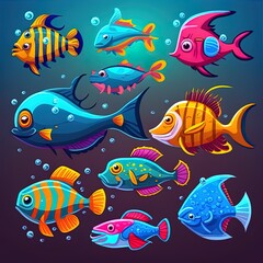Naklejka na ściany i meble Cartoon fish. underwater ocean sea animals for games 2d illustrated pictures