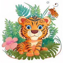 Obraz na płótnie Canvas 2d illustration with cute tiger with jungle elements 2d illustrated illustration isolated on white background for children's and textile decoration