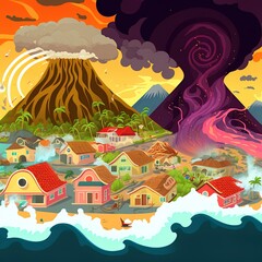 Natural disasters, volcanic eruption, tsunami and tornado. 2d illustrated cartoon illustration of illustration of nature cataclysms with houses, volcano, water wave and wind storm