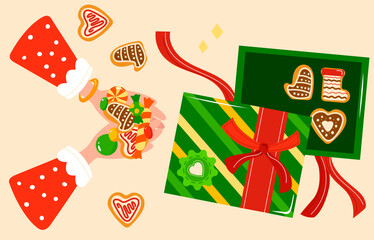 Winter sweet dessert home bakery food cozy cute gingerbread, hand holds bakery design cartoon vector illustration.