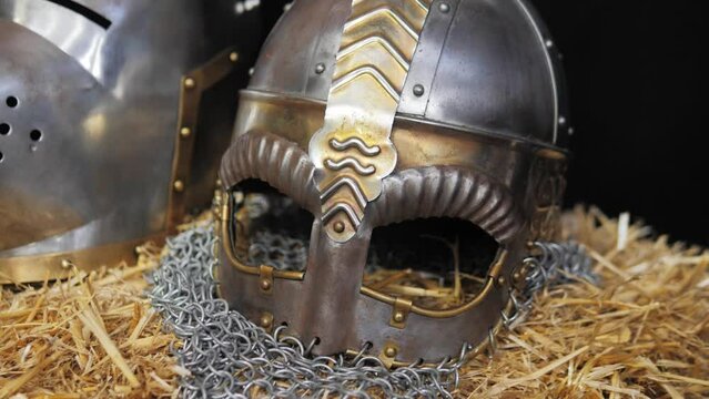 Metal Viking helmet in shop, craftsman workshop