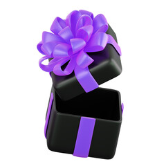 Realistic black gift box with violet or purple ribbon bow. Concept of abstract holiday, birthday, Christmas or Black Friday present or surprise. 3d high quality isolated render